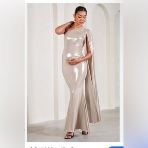 Club L London Amara One Shoulder Cape Metallic Gold Maternity Dress Size 12 NWT